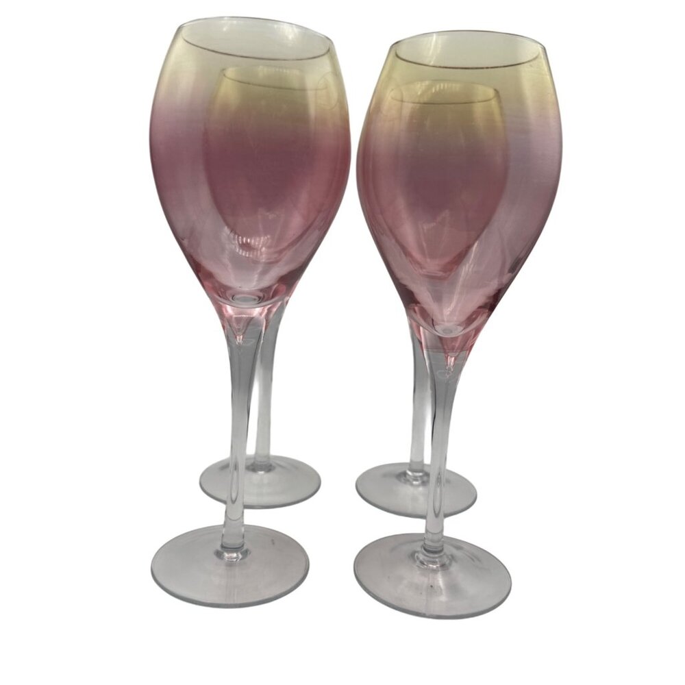 Set Of 4 Circleware Romanian Ombre Wine Glasses Pink Yellow Vintage Stemware